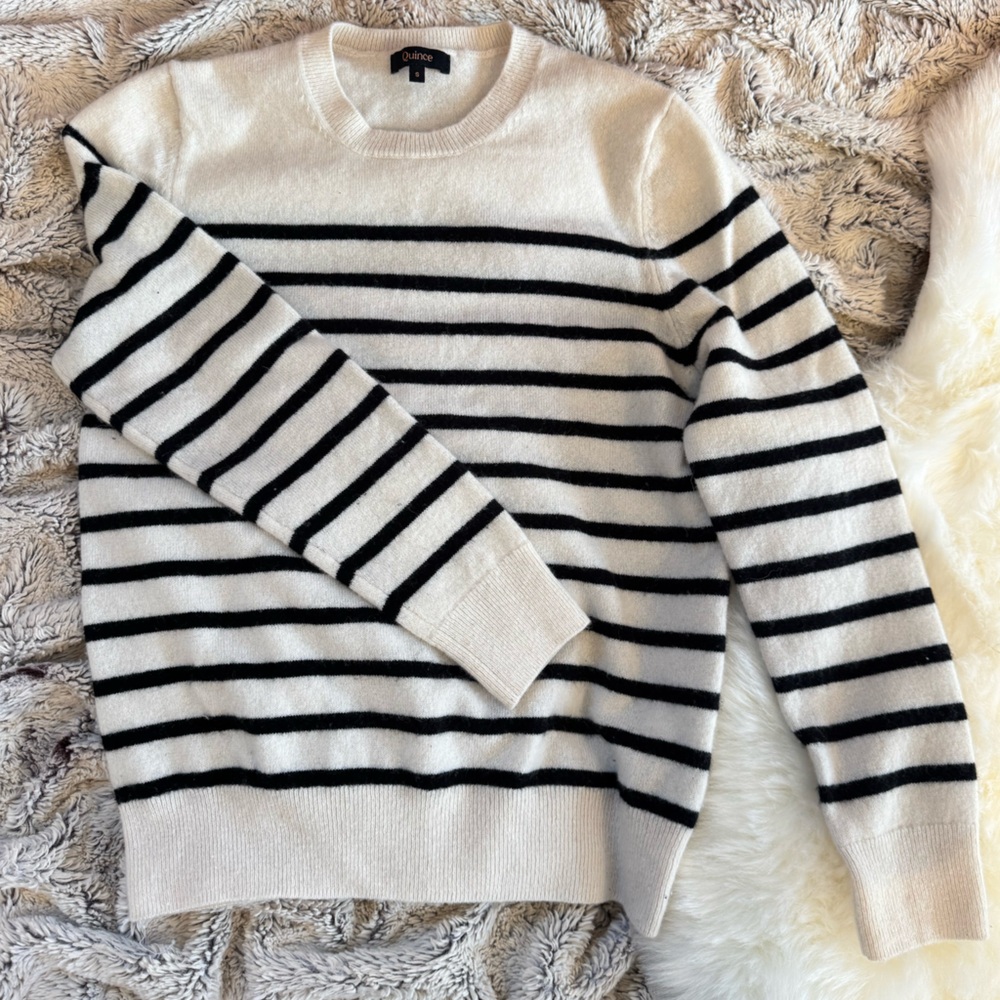 Quince Mongolian Cashmere Black and Cream Striped Sweater